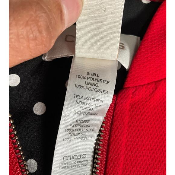 Chico's Clean Crepe Bomber Jacket Lightweight Red Polka Dot Lining Size 1 Zipper - Picture 11 of 11